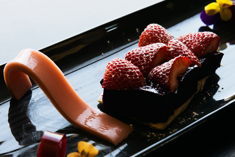Fresh strawberry tart with blackvurrant cremeux