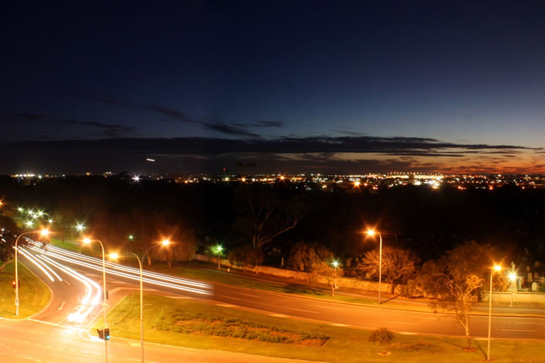 View over South Park Terrace at night, Adeliade CBD